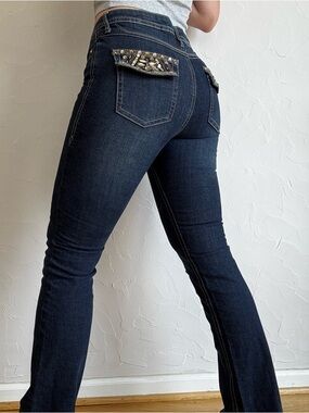 Cache Embellished Dark Wash Jeans Size 8 (Fits 6) Y2K Bootcut Low Rise Bedazzled